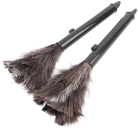 HOHXFYP Plumero de Plumas de Avestruz de 2 Piezas, Suministros de Limpieza de Plumas de Avestruz Auténticas de 16.1 Pulgadas con Mango Largo Ajustable, Plumero de Plumas Esponjoso Retráctil