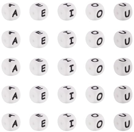 BB Beadthoven - 50 perles en forme de cube en silicone avec les lettres de l'alphabet, perles carrées en silicone de 12x12 mm avec les voyelles de l'alphabet en noir pour la création de bijoux