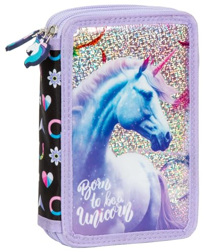 Ragusa-Trade Mädchen Kinder Pferde Einhorn Unicorn 2-Fach Federtasche Federmappe Schlamper 27 TLG. gefüllt (KO23), lila/Glitzer, 21 x 12 x 4 cm