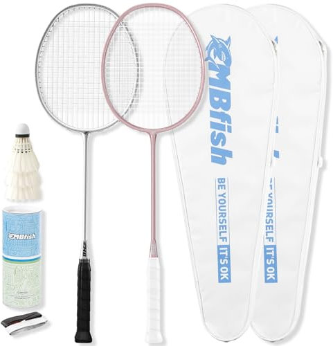 MBFISH Badmintonschläger-Set mit 2 Kohlefaser-Schlägern 5U, 3 Federbällen, 2 Schläger-Griffbändern und 2 Badminton-Taschen – perfekt für Outdoor-Spiele und Fitnessstudio, 5U (Silber + Rotgold)