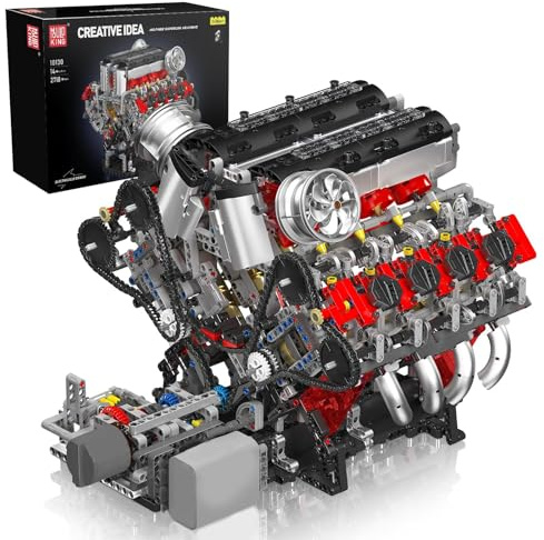 Mould King 10130 MOC Technik F488（V8） Achtzylinder-Motor Reihenbenzinmotor-Blockbausatz 3,9-Liter Doppelturbo-V8-Motor Technologie Klemmbausteine Bausatz Enthält Motor und Batteriekasten (2718 PCS+)