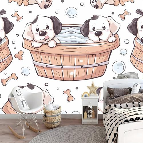 Vlies Fototapete 400 x 280 cm Fototapete Schlafzimmer Wohnzimmer Weiß Vliestapete Wandtapete Fototapeten Bildtapete Cartoon-Hund in Badewanne Effekt Wand Dekoration