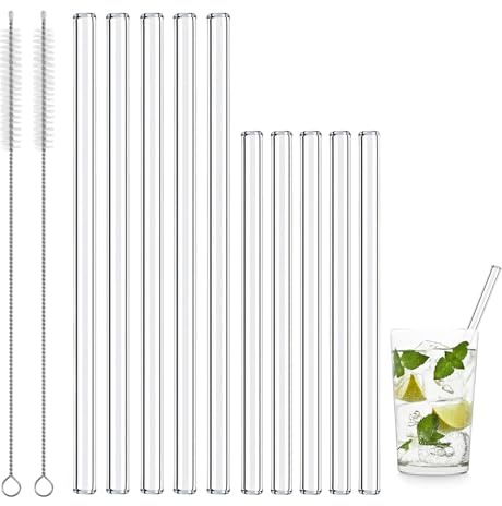 10 Pailles en Verre 20cm+15cm- Ligne Budget - Paille Reutilisable, Paille en Verre Incassable, Passe au Lave-Vaisselle, Paille Bubble Tea Avec Deux Brosses de Nettoyage