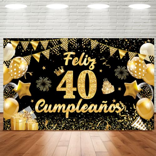 Meleager Decoración Cumpleaños Oro Negro, Pancarta 40 Años 180 x 110 cm, Photocall, Cartel Feliz Cumpleaños Hombre Mujer