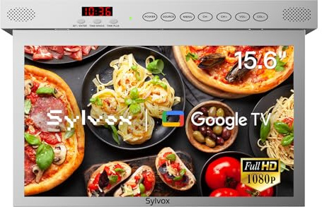 SYLVOX 15.6” TV de Cuisine Rabattable 90°, Smart Google Mini TV 1080P, 12V Télévision Rotation 360° | DVB-C/S2/T2 | Wi-FI | Bluetooth | Partage d'écran pour Cuisine, Camper, Chambre - Argent