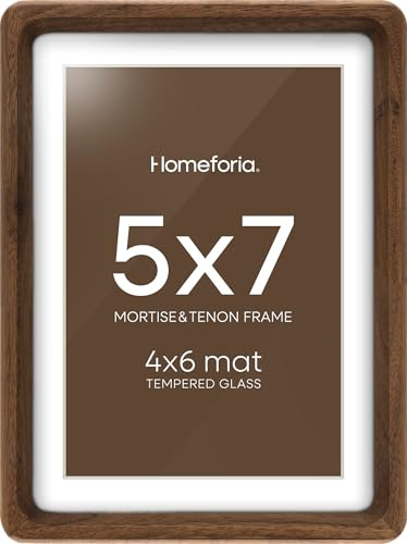 Homeforia 5x7 Picture Frame Brown Wood, Mortise & Tenon Dark Wooden 5 x 7 Photo Frames with Mat 4 x 6 for Wall or Tabletop, 5by7 Walnut Frame Matted to 4x6 inch Art, Tempered Glass, Wall Kit, Set of 1
