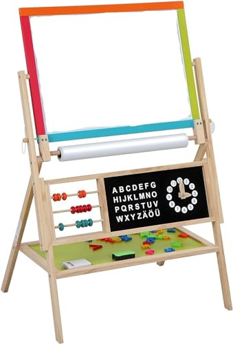 HYGRAD Wooden Kids Easel - Children’s Board with Magnetic, Chalk, Foldable, Clock, Alphabet, roll of Drawing Paper and Markers. 2-in-1 Double-Sided Blackboard and Whiteboard for Kids!