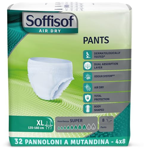 Soffisof Air Dry Pants Super XL - 32x Pannoloni per Anziani a Mutandina - 4 Confezioni da 8 Mutande Assorbenti per Incontinenza Donna e Uomo - Pants Adulti 8 Gocce - X-Large (140-160 cm)