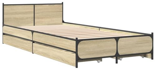 HEFZGDB Bettgestell mit Schubladen Sonoma-Eiche 90x200cm Holzwerkstoff Single Bed Gästebett Doppelbett Bettrahmen für Schlafzimmer Wohnbereich Gästezimmer Herberge
