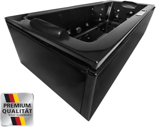 Whirlpool Badewanne Relax Profi – Schwarz – Made in Germany – (200x90 cm) Eckmontage Links oder Rechts – mit 22/24 Massagedüsen, ohne Armaturen, Ozon Desinfektion, Heizung, LED, Bluetooth-Radio