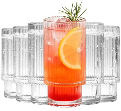 TOLASTO Set von 6 gerippten Trinkgläsern – 470 ml Vintage Glasbecher, klare Glastumbler für Cocktails, Eiskaffee, Säfte und Mojitos – Elegante Glaswaren für Dekoration und als Geschenk für Väter
