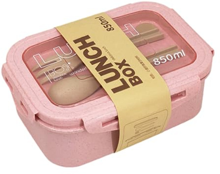 EKSMA Caja Bento for adultos con 2 compartimentos, kit de lonchera japonesa con cuchara y tenedor, recipientes de paja de trigo for preparar comidas, recipiente apto for microondas(Pink)