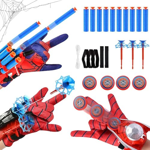 FMKLDENA Lot de 3 Gant de Lanceur Spider, Spider Launcher, Jouets de Poignet Lanceur de Héros, Lance Toile Spider avec Fléchettes à Ventouse et Frisbee, Gants Spider Hero pour Enfants Cosplay