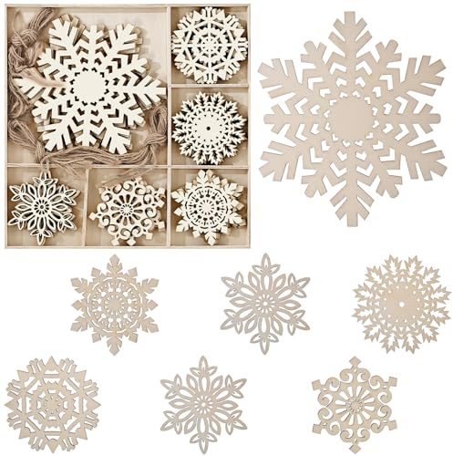 24er Weihnachtsbaumschmuck Holz Schneeflocken Anhänger Set,13,5/7cm Groß Holzanhänger Weihnachtsbaum Schneeflocken Christbaumschmuck mit Juteseil & Holznbox,Weihnachtsanhänger Holz Tannenbaumschmuck