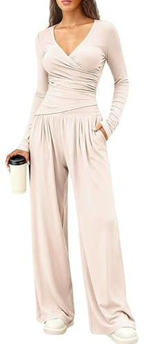 Sukiglam Conjunto Deportivo Mujer Manga Larga Cuello en V Chandal de 2 Piezas Sexy Ajustada Top Cruzado y Pantalón Anchos con Bolsillos Casual Chandales Casa Pijama Conjuntos de Otoño para Fitness