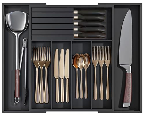 MantraRaj Bamboo Cutlery Drawer Organiser With Knife Block | Expandable Cutlery Tray for Kitchen Drawers 5-7 Large Compartments Utensil Holder Storage for Spoons Forks Knives (Black)