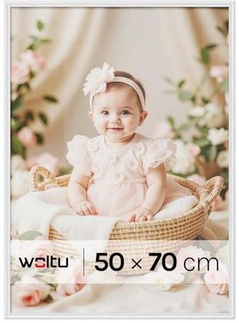 WOLTU Bilderrahmen 50x70, Weiß, Massivholz Fotorahmen mit Passepartout | Front aus PS-Platte, Posterrahmen zum vertikalen oder horizontalen Aufhängen und Aufstellen, Collage Wanddeko