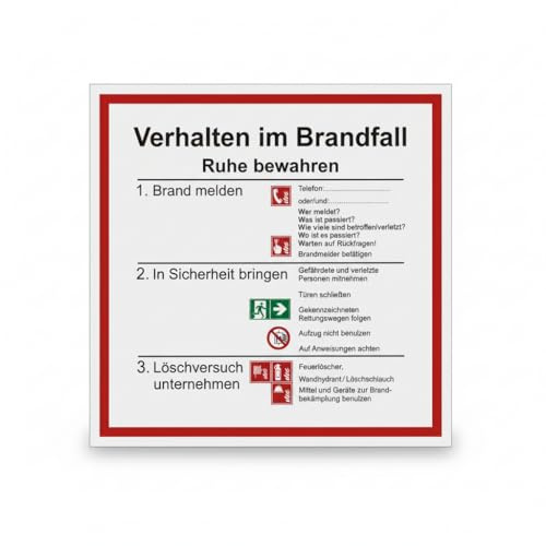 Mucola Verhalten im Brandfall Schild Brandschutz Aushang 20x20 cm Weiß | Zeigt Verhaltensregeln und Brandmeldung, wischfest und stoßfest, für Büro, Lager und Werkstatt, Montage mit Klebeband
