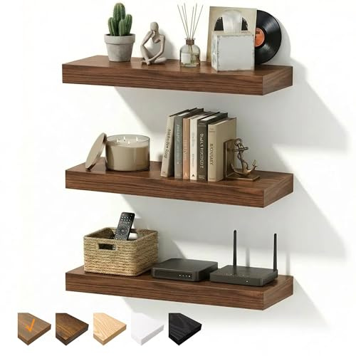 RICHER HOUSE 40 cm flytande hyllor för vägg, valnöt vägghyllor med osynliga fästen, trähyllor MDF för badrum, sovrum, kontor, vardagsrum, kök, set med 3, 40 x 23,5 x 3,8 cm