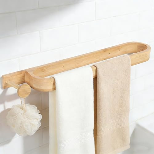 Bamboo Wood Towel Bar Self Adhesive Towel Rail Bathroom Shower Towel Rail Freestanding Towel Holder Bathroom Accessory Organizer