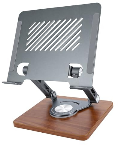 Jectse 360 Roterande Tablettställ, Bärbar Datorstativ i Aluminiumlegering med Bas i valnötsträ, Dubbelaxlig Höjdjustering för Bärbara Datorer Upp Till 17,3 Tum