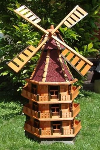 BTV XXL,Windmühle, windmühlen Garten, WMB160ro-MS mit Licht,MIT Beleuchtung, windmühle mit solar, für Außen 1,60 m groß, rot, dunkelrot