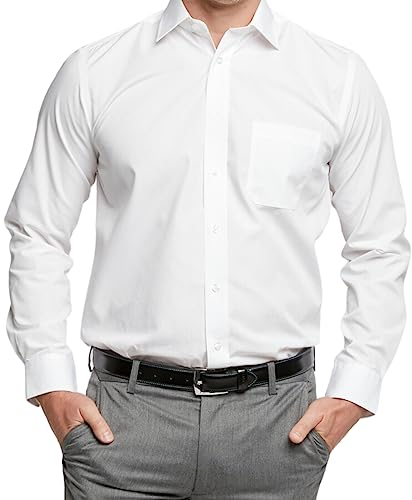Double TWO Men's Long Sleeve Plain Formal Shirt Non Iron Classic Fit Business Dress Shirt - White, 16.5in Collar