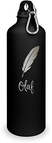 Trinkflasche mit Namen Olaf - graviert mit Feder Layout, Aluminiumflasche mit Gravur, Sportflasche - matt schwarz