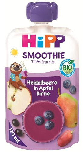 HiPP Bio Smoothie Heidelbeere Apfel Birne (6x120ml), Quetschie ab 1 Jahr, glutenfrei, fein püriert, ideal als fruchtiger Snack für unterwegs