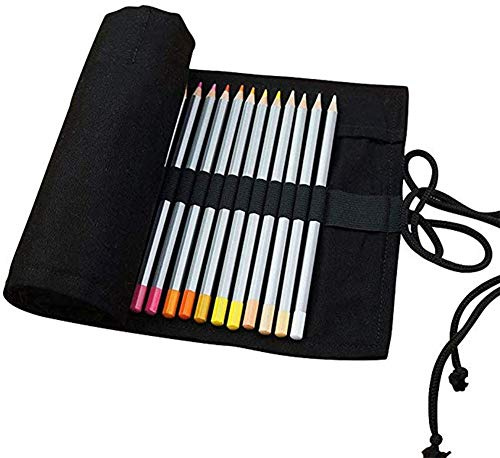 DUBENS Farbige Bleistift Halter Fall, Slots Leinwand Wrap Pouch Federmäppchen Set für Kinder und Erwachsene, Reise Zeichnung Färbung Rolle Organizer (Schwarz, 24 Holes)