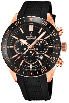 Festina Herrenuhr Analog aus Edelstahl und Kautschuk Schwarz | Quarzwerk, Chronograph, Kalender, Widerstandsfähiges Saphirglas, Wasserdicht 10 ATM F20516/2 Ceramic