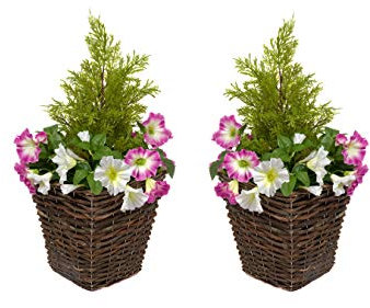 Artificial Rattan Patio Planters with Pink & White Petunias & Cedar Topiary (Set of 2)