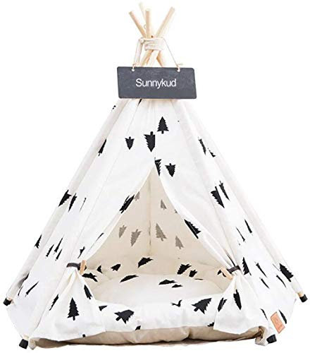 Sunnykud Tipi Zelt für Haustiere Hundezelt Katzenzelt Haustierzelte Häuser mit Kissen Abnehmbar und Waschbar Haustierbett Wegklappen Haustier Hundebett Katzenbett (S:40x40x50cm, Schwarzkiefer)