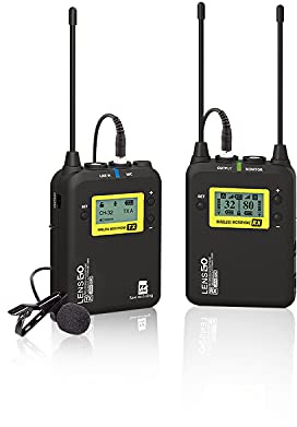 Wireless Lavalier Mikrofon System, LENSGO LWM-328C 99-Kanal UHF Professional Omnidirektional Kabellos Ansteckmikrophone mit 1 Sender - 1 Empfänger für Canon Nikon DSLR Kamera iPhone Android Smartphone
