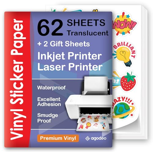 Genomskinligt vinylklistermärkespapper 62 ark för bläckstråleskrivare och laserskrivare – självhäftande, vattentålig, torkar snabbt, livliga färger, 20 cm x 28 cm håller bläcket väl