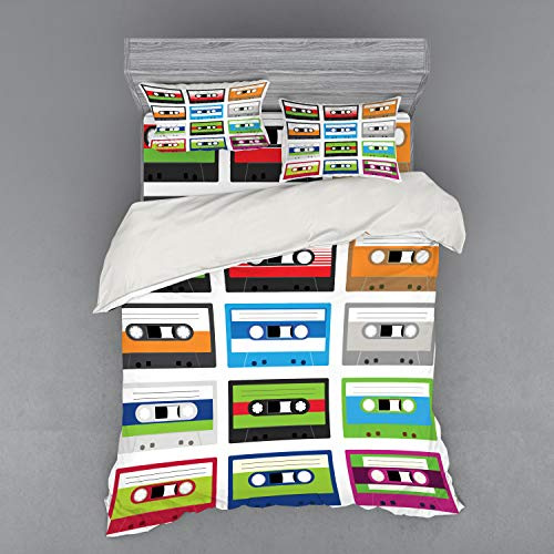 Ambesonne 90s Duvet Cover Set, Composition of Retro Plastic Audio Cassettes Tapes Old Technology Entertainment Theme, 4 Piece Bedding Set with Shams and Fitted Sheet, California King, Green Blue
