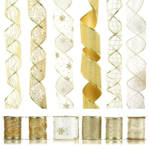 Lihao 6 rullar presentband gyllene organzaband julband 6,5 cm x 6 m presentförpackning bröllop dekorativa band födelsedag blomsmycken julband julgransdekoration