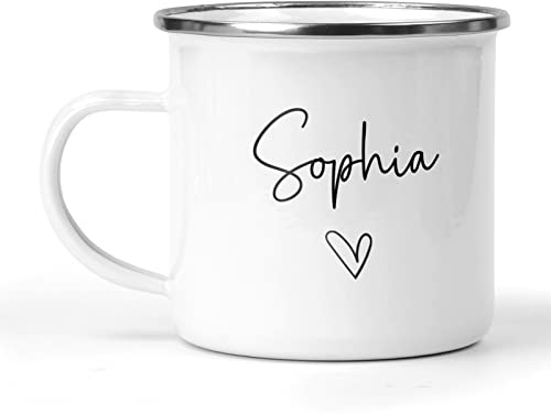 Personalised Enamel Mug with Name and Heart Design
