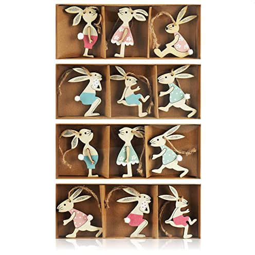 com-four® 12x Osteraufhänger Hase - Holzaufhänger zum Dekorieren - Osterschmuck aus Holz zum Aufhängen - Osterstrauß (12 Stück - Osterhasen 1)
