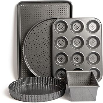 MasterClass Five Piece Crusty Bake Non-Stick Set, Includes 25cm Flan/Quiche Tin, Pizza Crisper, 2lb Loaf Pan, 12 Hole Shallow Baking Pan and Baking/Cookie Tray