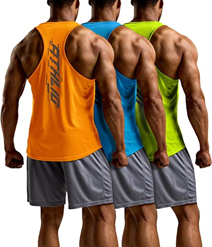 ATHLIO Men's Dry Fit Muscle Workout Tank Tops, Y-Back Bodybuilding Gym Shirts, Athletic Fitness Tank Top, Quick Dry 3pack Orange/Sky Blue/Neon Yellow, Medium