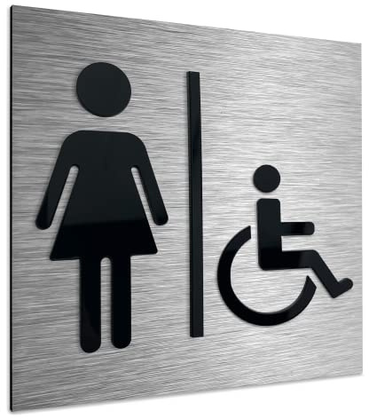 ALÚMADESIGNCO Modern Female Handicap Toilet Sign - Womens & Handicapped Bathroom Signs - Women and Disabled Toilets Room Signage - Ladies/Wheelchair WC Door Plaque, Woman Restroom Symbol