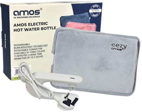 AMOS Eezy Rechargeable Electric Hot Water Bottle Bed Warmer with Hand Heat Pad Glove Pain Relief, Grey
