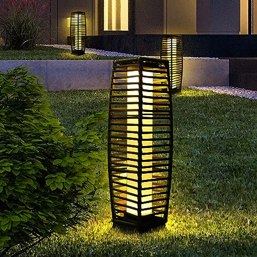 Solar Floor Lamp, Outdoor Floor Lamp, Solar Lanterns Waterproof, Solar Powered Resin Wicker Outdoor Lamp, Weather-Resistant Rattan Deck Light for Porch, Garden, Patio, Deck