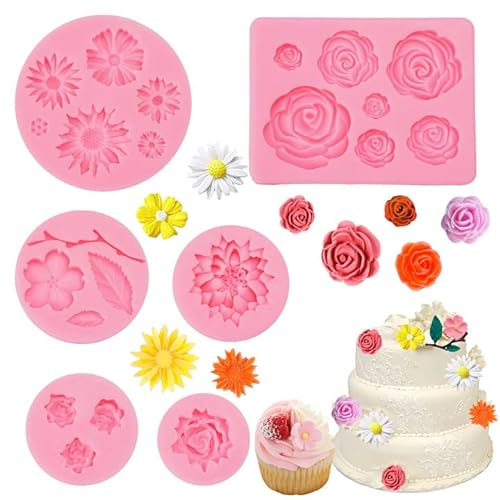 6 Molde Fondant Para Tartas,Mini Moldes De Flores Reposteria,Molde Silicona Flores para Decoración de Tartas,Forma de Rosas Molde de Silicona para Manualida,Fria Moldes Fondant Silicona Para Postres
