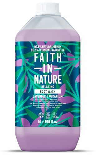 Faith In Nature Natürliches Lavendel & Geranie Duschgel, Entspannendes Duschgel, Vegan und tierversuchsfrei, Ohne SLS oder Parabene, 5 L Nachfüllpack