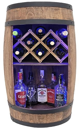 weeco Holzfass mit weinhalter RGB LED Beleuchtung - Weinregal fassbar. Rustikaler deko Barschrank Weinständer – Fassbier, Whiskybar Flaschenständer. Hausbar Geschenk für Mann (Dunkelbraun)