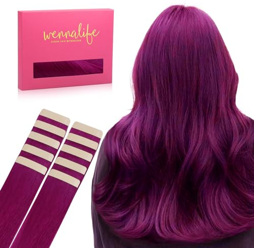 WENNALIFE Extensiones Adhesivas Pelo Natural, Violeta 35cm 25g 10 Piezas Extensiones de Remy Pelo Natural Cabello Humano Mechas Pelo Lacio Invisible para Niñas Mujeres Trenzas