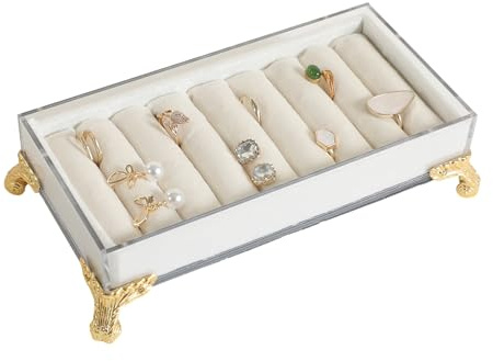 GemeShou Porta-anelli con slot in velluto, supporto esposizione anelli/orecchini bianco, vassoio in feltro【Bianco】