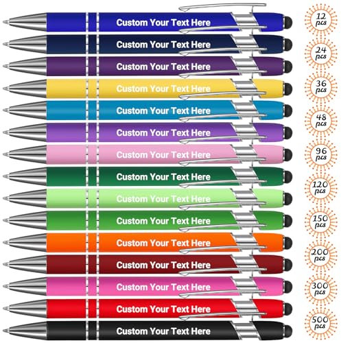 12 Pcs Personalised Pens For Women & Men - Engraved Custom Pens With Black Ink & Stylus Tips - Office Gift